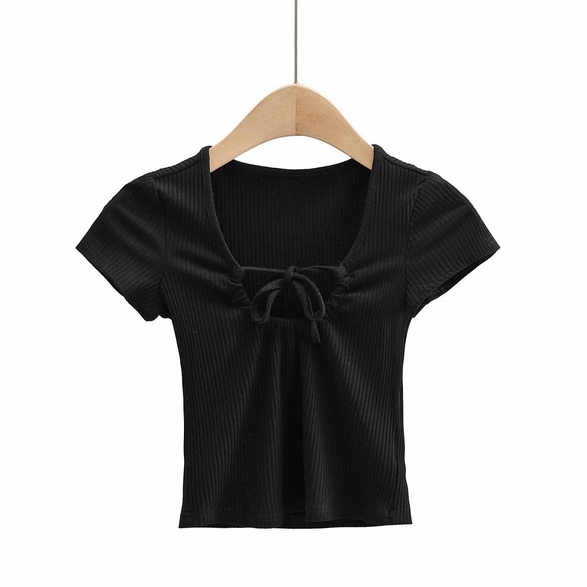 short-sleeved hollow drawstring top NSHS23773