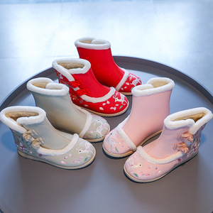 Winter velvet girls  chinese hanfu fairy princess boots old Beijing cloth shoes for children cotton shoes boots hanfu embroidered shoes ugg short boots