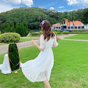 小清新白色仙女裙子夏2020新款时尚气质娃娃领a字中长法式连衣裙