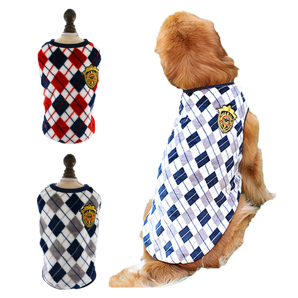 Diamond plaid warm and soft flannel gray red British pet clothing autumn and winter golden retriever dog clothing