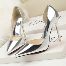 3058-9欧美时尚性感夜店尖头细跟镂空单鞋金属面浅口OL简约高跟鞋