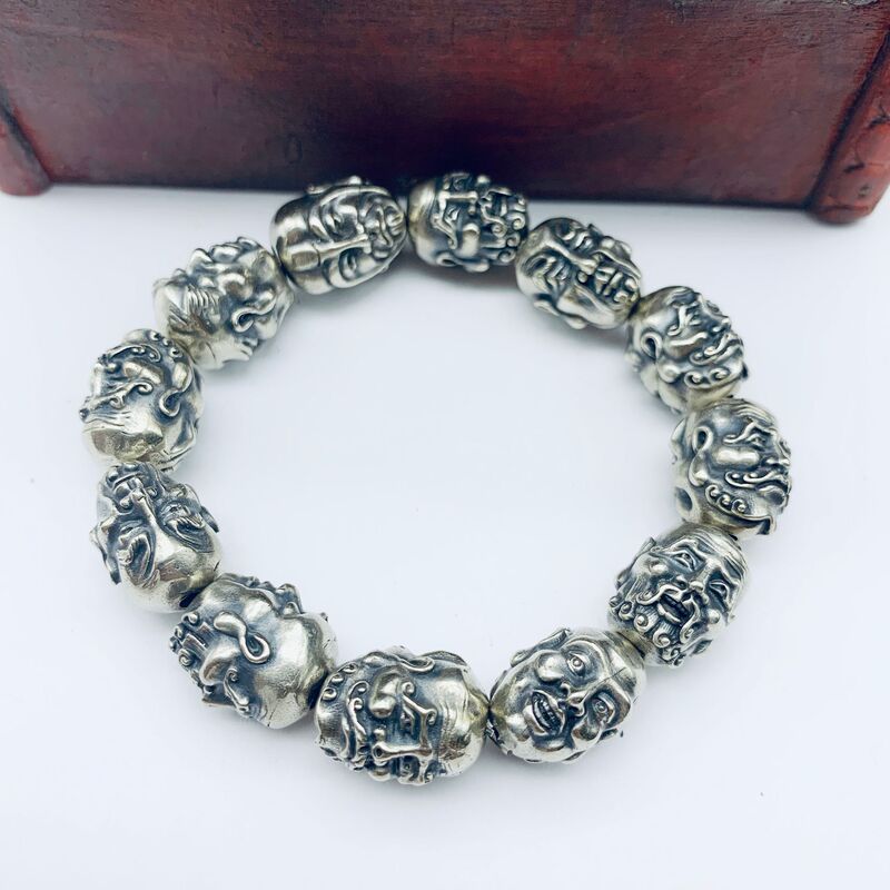 White Copper Double-Sided Bracelet Eighteen Arhat Carved Buddha Beads Arhat Head Beads Hollow Literature Play Gift Feng Shui Mascot