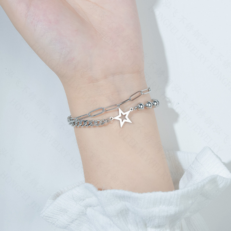Korean Fashion Titanium Steel Five-pointed Star Niche Jewelry Double-layer Wild Jewelry Bracelet For Women display picture 7