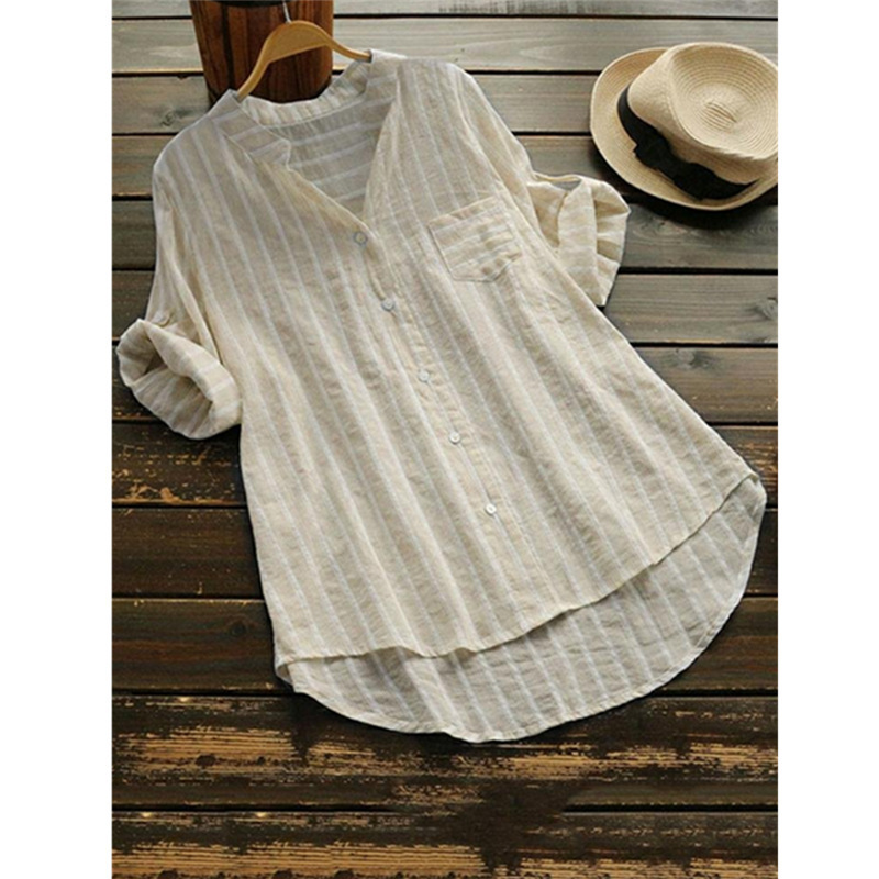 Blouse Tops Type Daily Occasion Turndown Neckline Wholesale Women's Casual Stripe 3/4 Length Sleeve Blouses