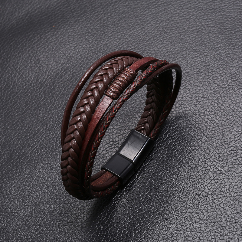 Retro hand-woven menu0027s leather simple multilayer alloy magnet buckle leather bracelet nihaojewel