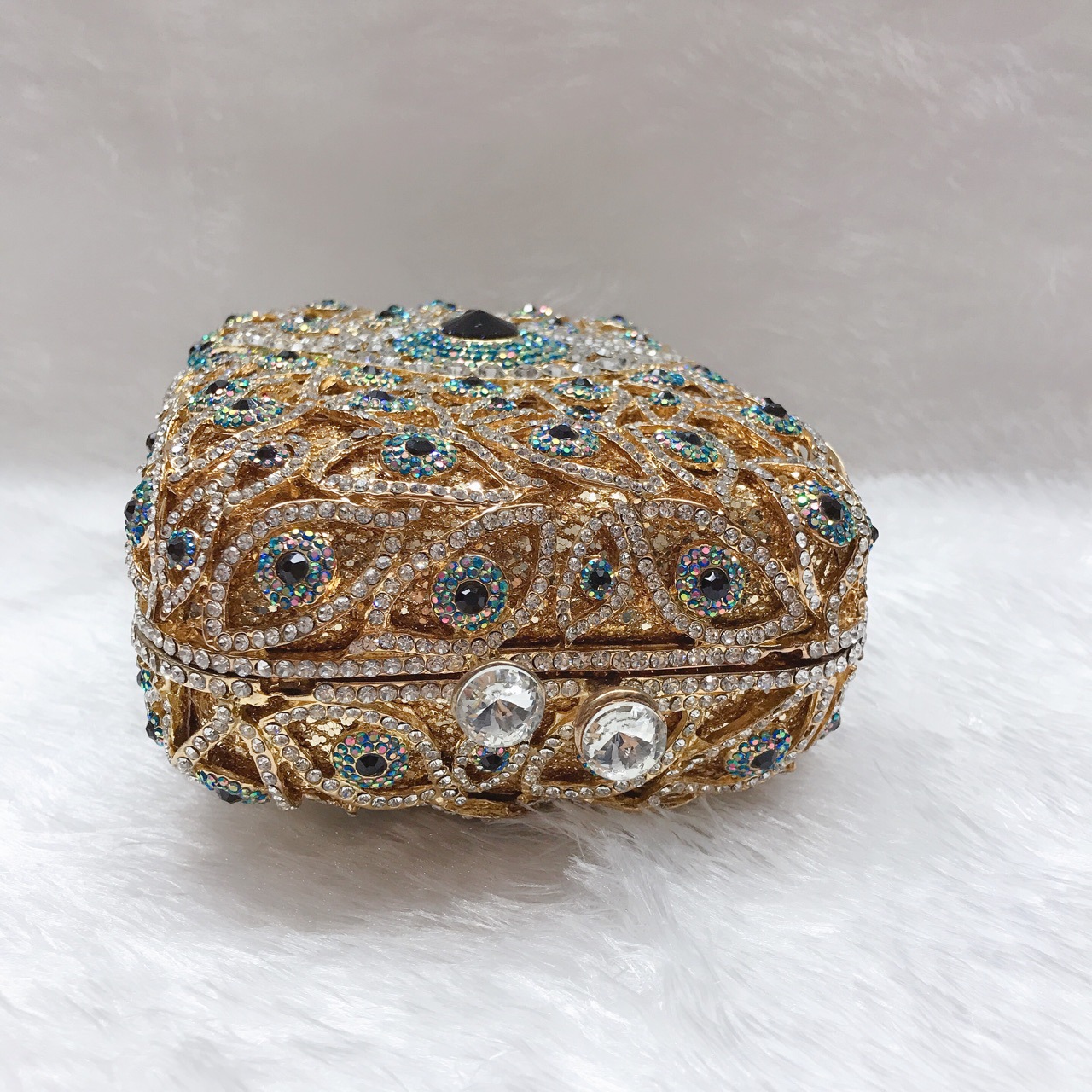 Túi clutch dạ hội đính đá pha lê kim loại rỗng kiểu dọc — Màu xanh lam, Vàng/Xanh đậm AB mắt, Màu bạc, Vàng/Con công xanh AB mắt chi tiết 16