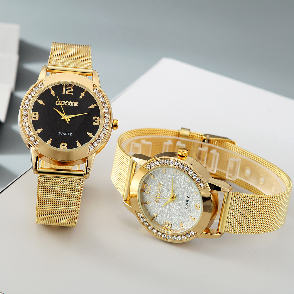 GT guote cross-border animado Golden Double Row Diamond reloj de mujer moda Diamante caso casual pareja reloj de cuarzo