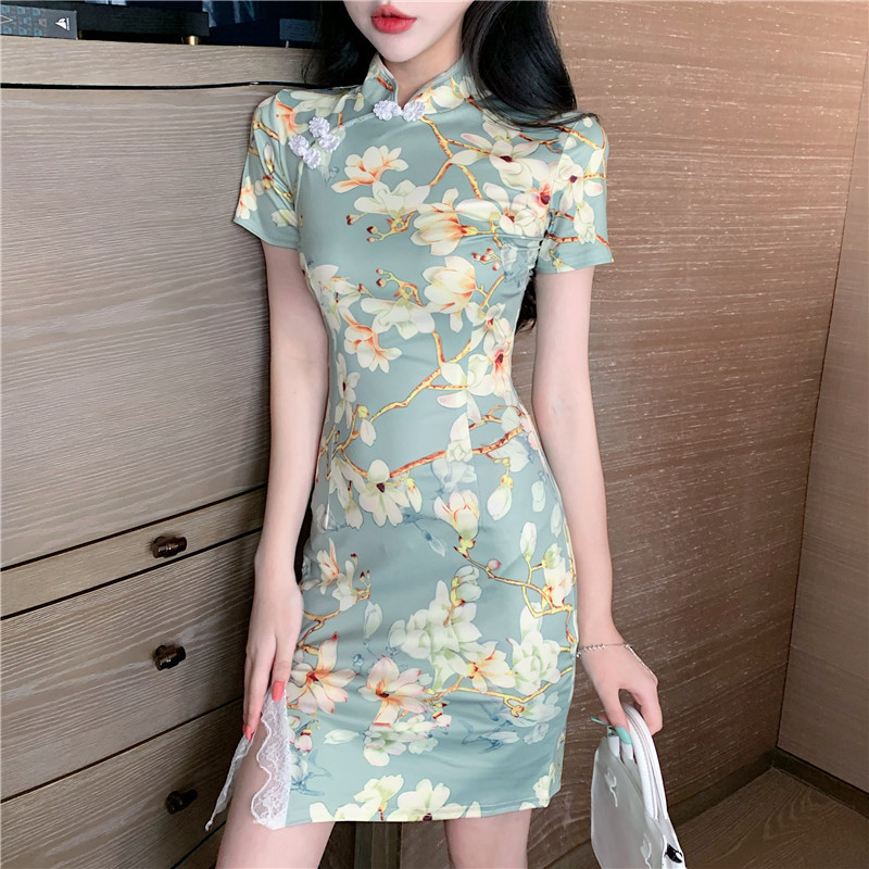 Green floral Chinese Dress qiapo retro cheongsam dress for women girls young girl restoring ancient ways to wear sexy dress Chinese wind