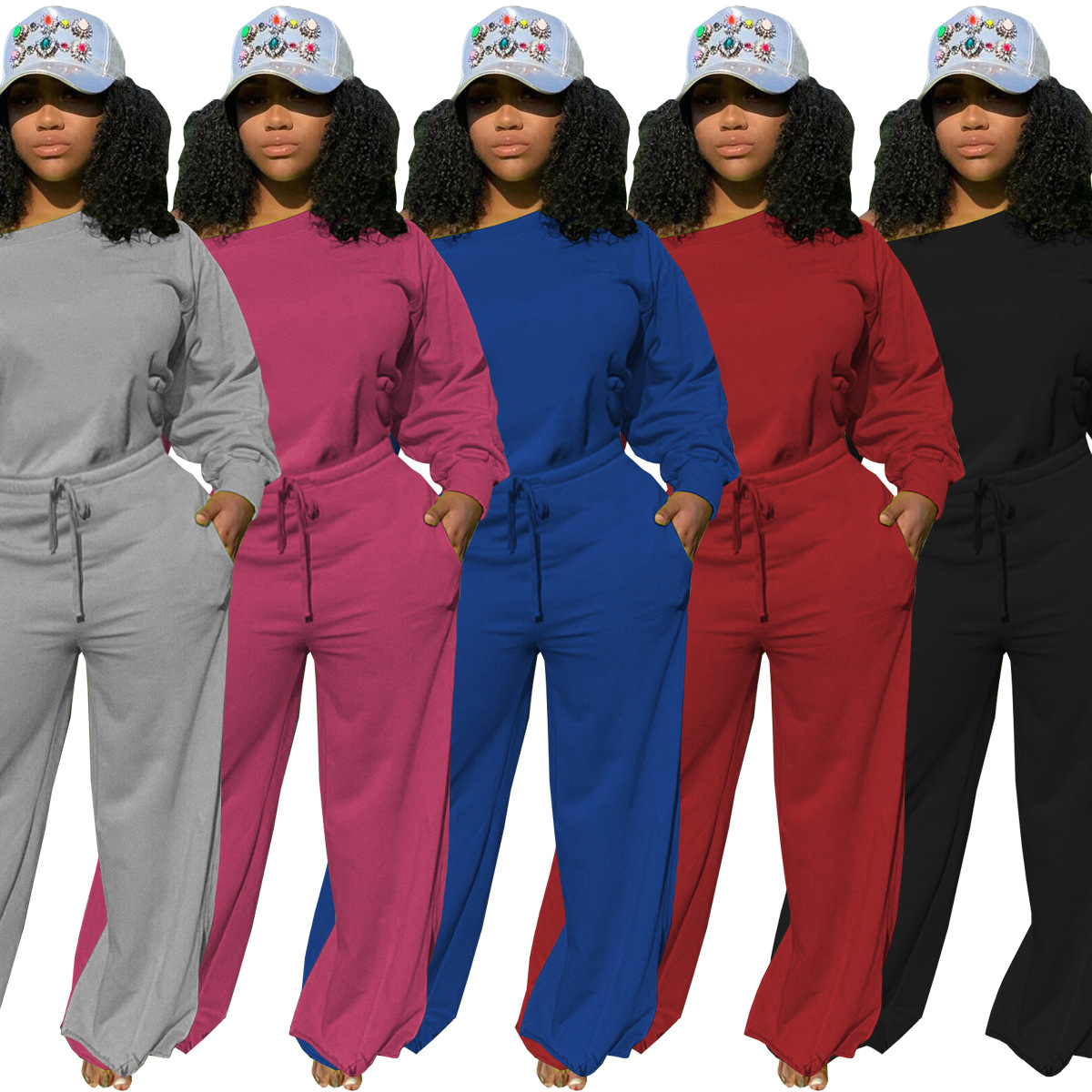 solid color round neck long-sleeved knotted wide-leg with waist rope jumpsuit Nihaostyles wholesale clothing vendor NSSJW74296