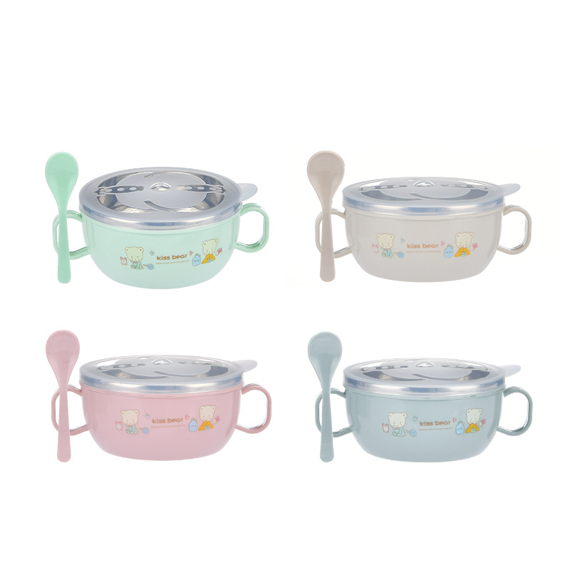 Manufacturers stock handle with lid baby stainless steel kids bowl cartoon heat insulation bowl with spoon