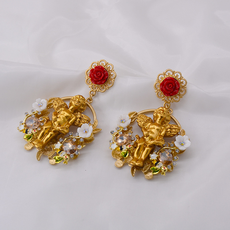 Daily Occasion 1 Pair IG Style Angel Flower Inlay Alloy Rhinestones Drop Earrings