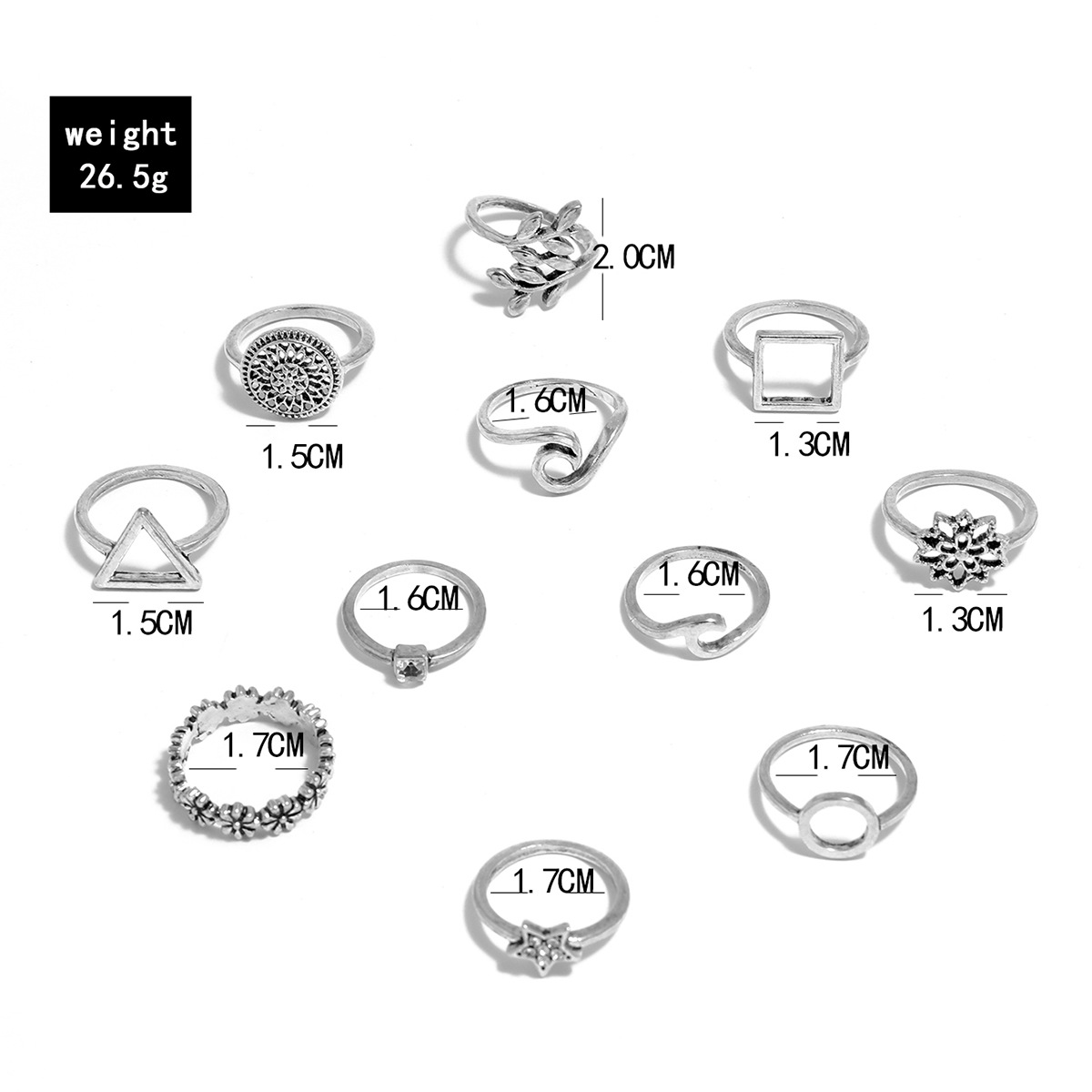 Retro Geometric Silver Flower Wave Star Square Round Leaf Alloy Ring 11 Piece Set display picture 6