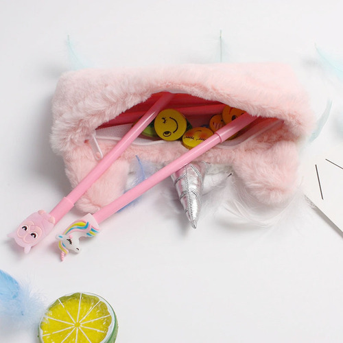 跨境新款独角兽笔袋少女彩虹文具袋学生卡通毛绒笔袋收纳化妆包