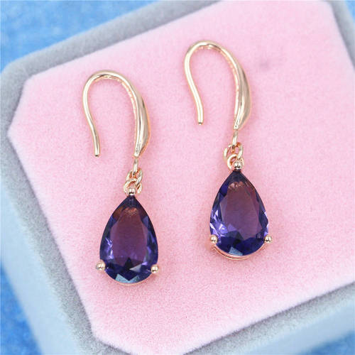 Square amethyst ring, four-leaf clover bracelet, drop-shaped purple diamond ear hook, European and American style colorful treasure necklace jewelry set