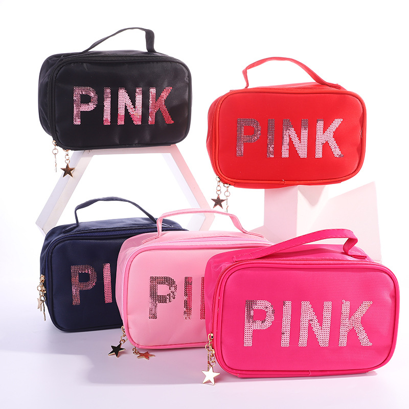 2020 new Sequin pink portable cosmetic bag Korean travel portable small square bag logo