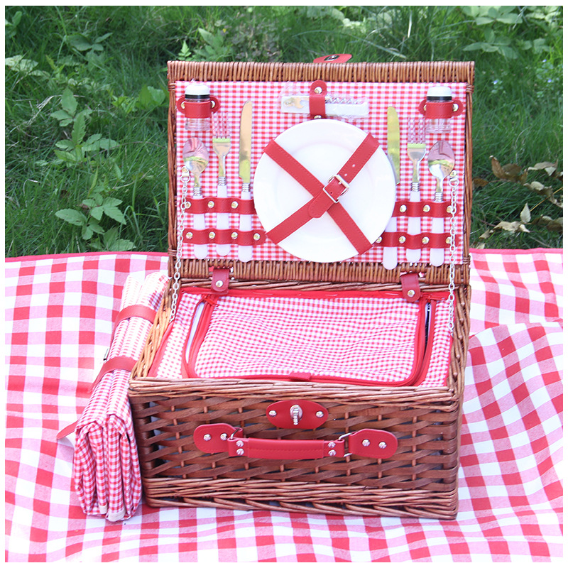 Cesta de picnic hecha a mano de mimbre cesta de almacenamiento al aire libre para dos personas con estera de picnic