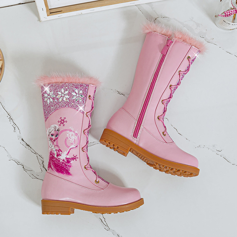 2020冬季女童靴子加绒雪地靴儿童高筒靴女宝宝高跟靴韩版公主棉靴|ms