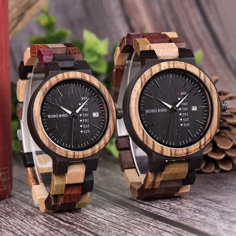 波波鸟情侣木手表和星期显示日期石英手表经典的彩木表