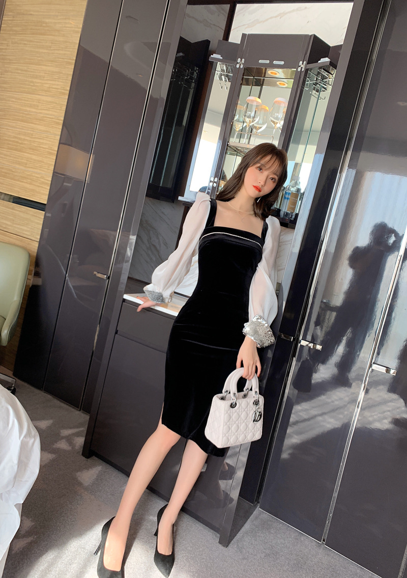 Váy nhung nữ cổ vuông ôm body xẻ tà phong cách Hepburn — Màu đen chi tiết 20