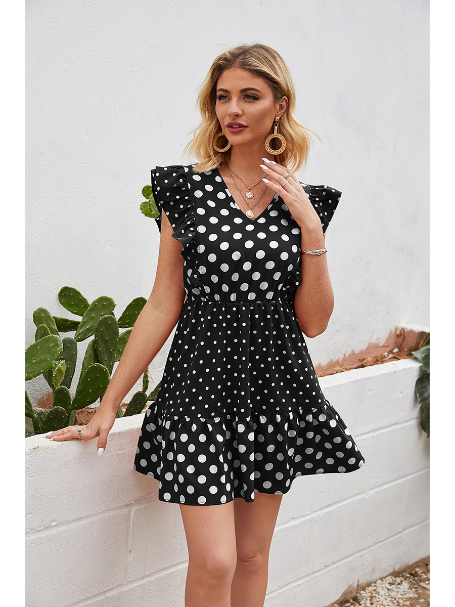   wave dot stitching ruffled sleeveless short dress   NSAL2922