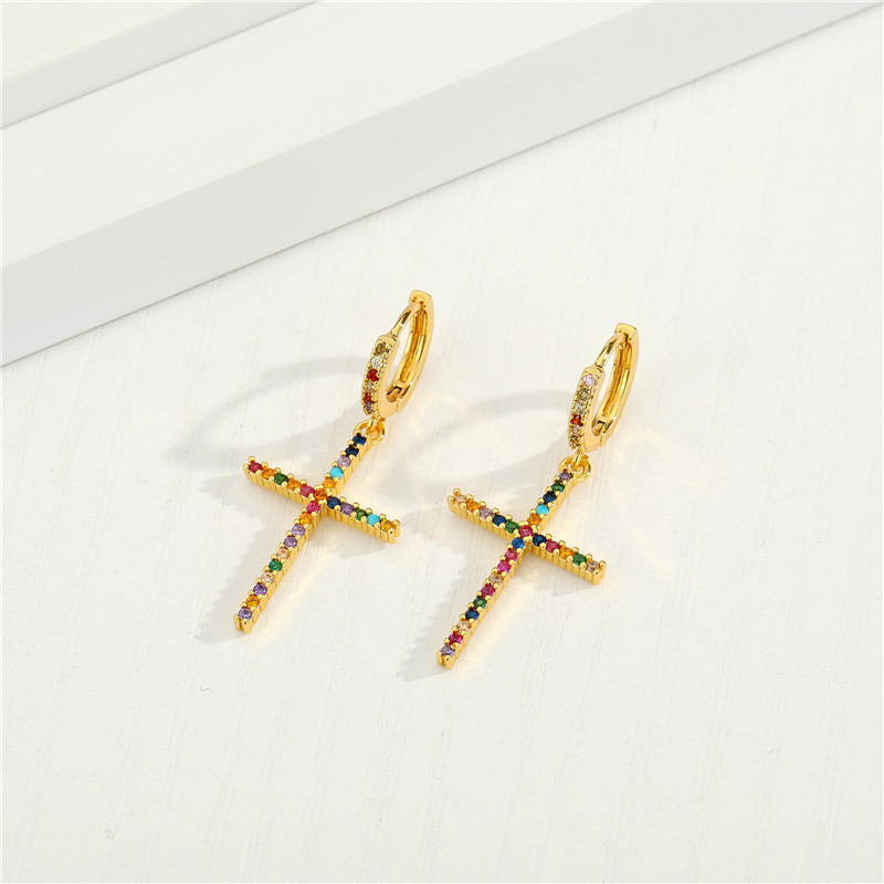 Fashion Micro-inlaid Cross Color Zircon Snake Exquisite Diamond-set Color Zirconium Sun Small Copper Earrings display picture 4