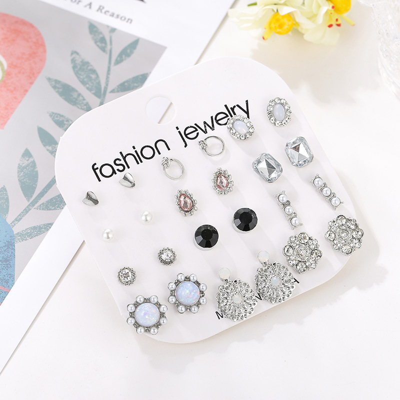 Korean New Trend 12 Pairs Set Simple Crystal Women's Alloy Earrings display picture 5