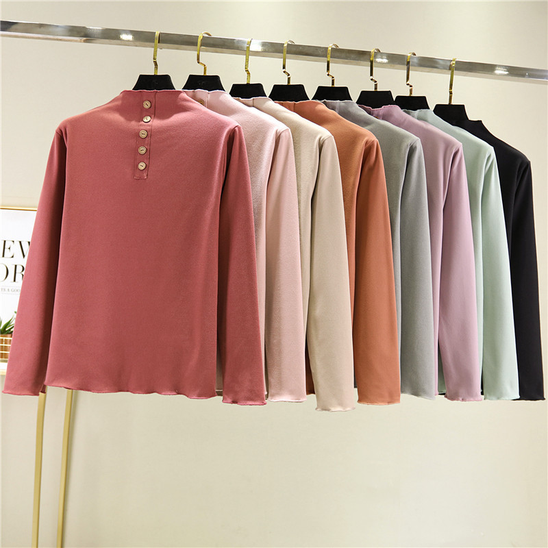 Double-Sided Velvet Semi-High Collar Warm Base Shirt Women's Autumn and Winter Large Size Lace Long-Sleeved T-Shirt Pullover Inner Thick Top