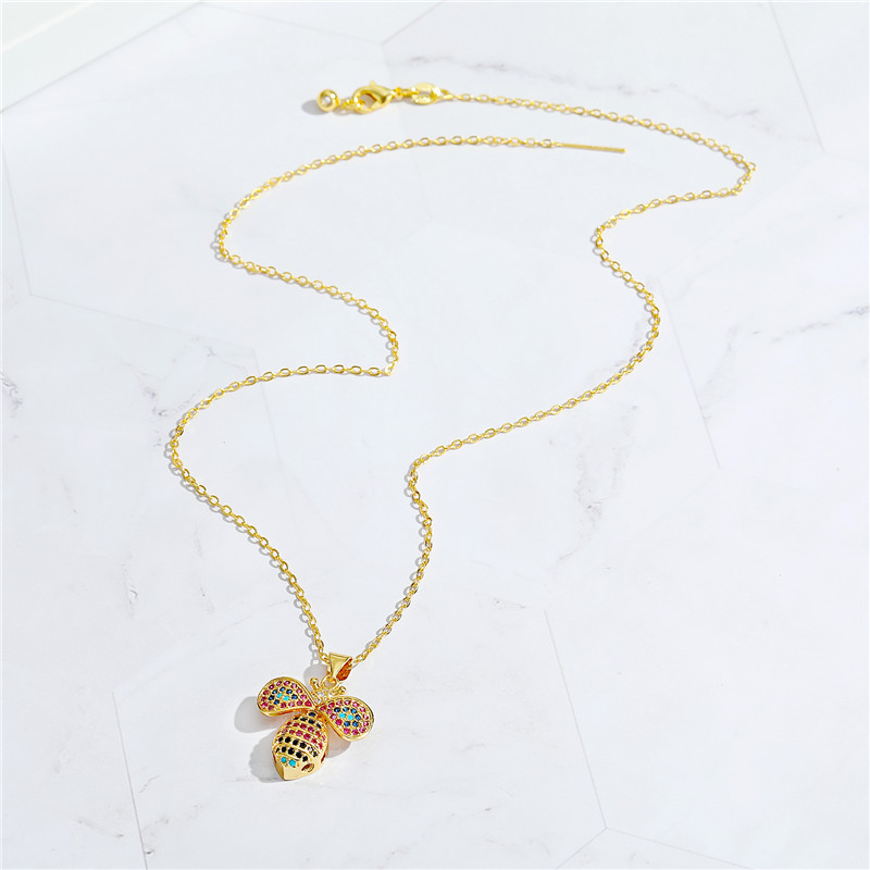 Korean Trendy Cute Personality Colorful Crystals Zircon Bee Pendant Necklace Clavicle Chain Safety Chain Female Cross-border Sold Jewelry display picture 2