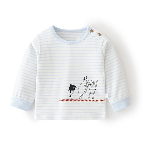 Baby pure cotton single top autumn clothes striped boys and girls spring and autumn baby underwear bottoming shirt children's clothing shoulder open T-shirt