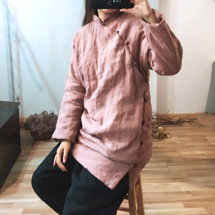 原创砂洗亚麻加棉立领复古中式斜襟盘扣秋冬长款棉袄棉衣*藤蔓