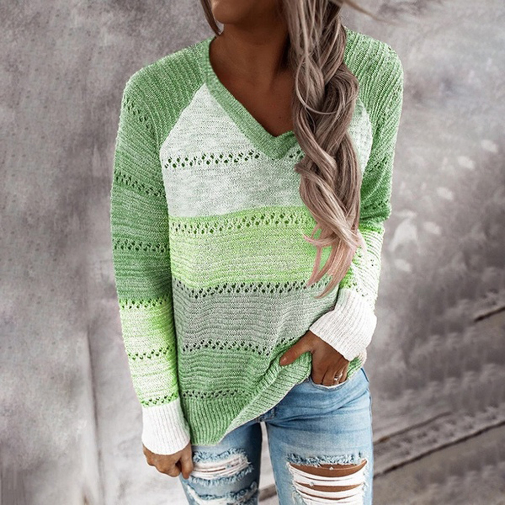 V-Neck Long-Sleeved Pullover Color-Blocking Sweater Top NSYF838