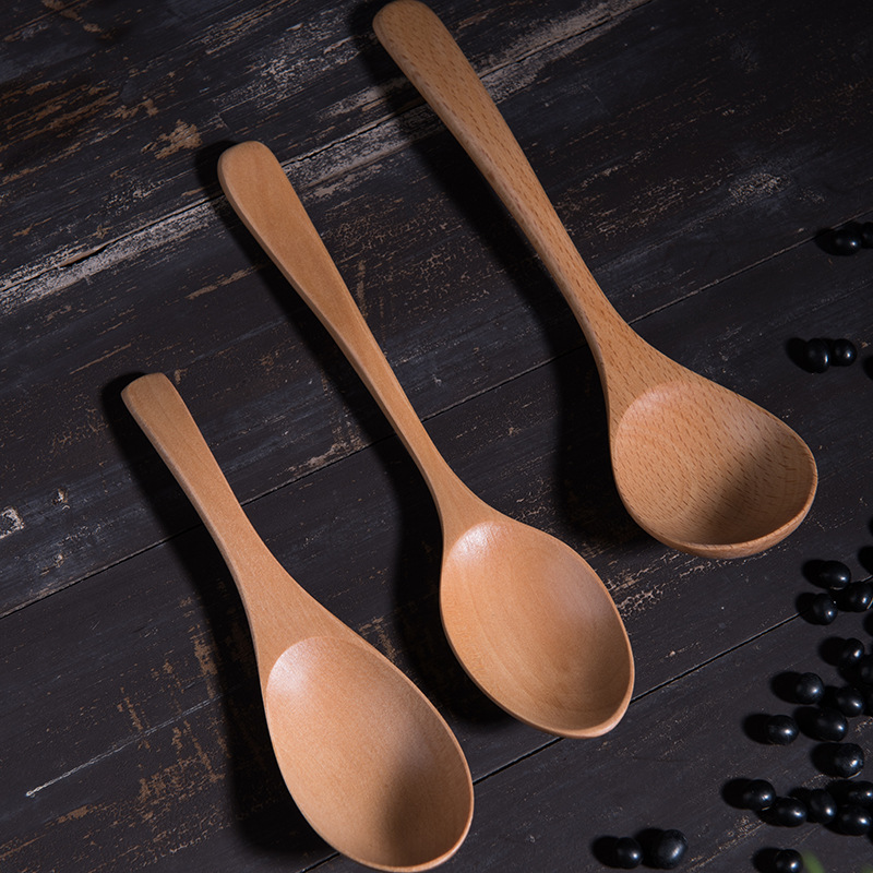 Colher de madeira japonesa de cabo longo para mexer café e mel, ideal para crianças._voghion.com