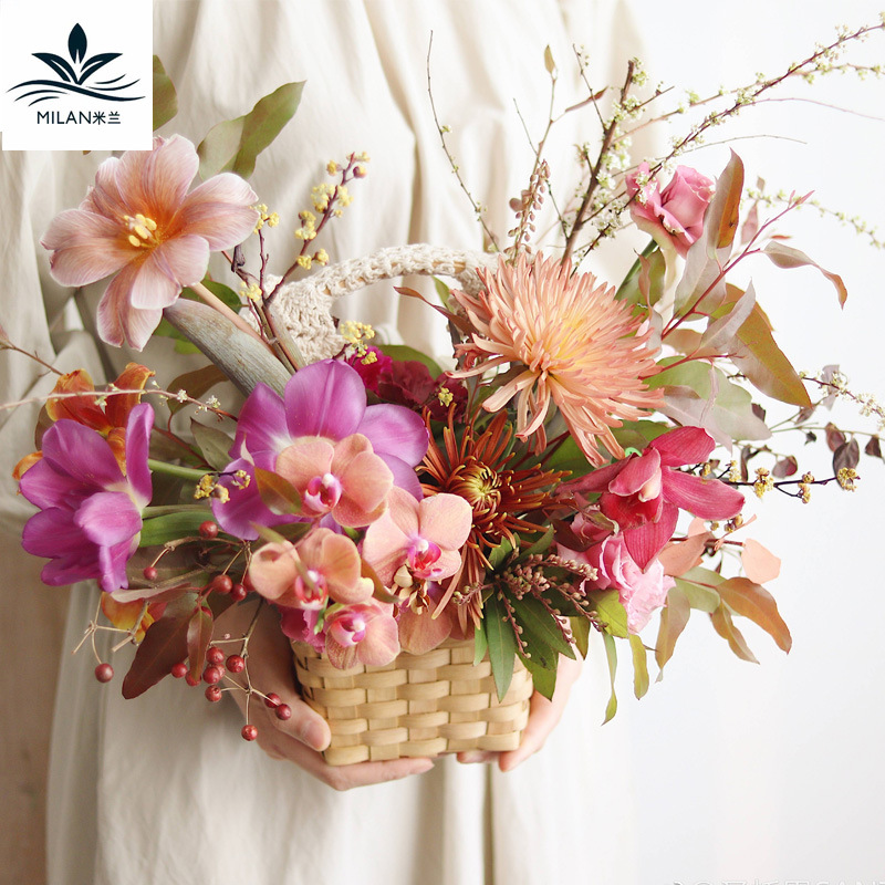 Día de la madre encaje pequeña flor cesta de ratán de mano jardín calabaza cesta viruta de madera tejida flor floral arreglo cesta flor embalaje