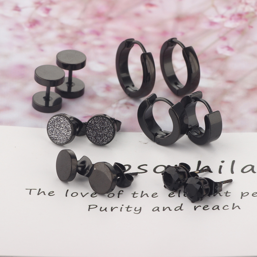 8mm Mixed Black Titanium Steel Ear Studs Set - 12 Pieces Fashion Floral Women Earrings 2023 Spring detail image 10