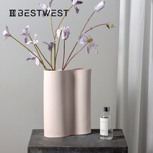 Best west 藕粉色条纹陶瓷花瓶摆件 家居玄关软装桌面装饰品花器