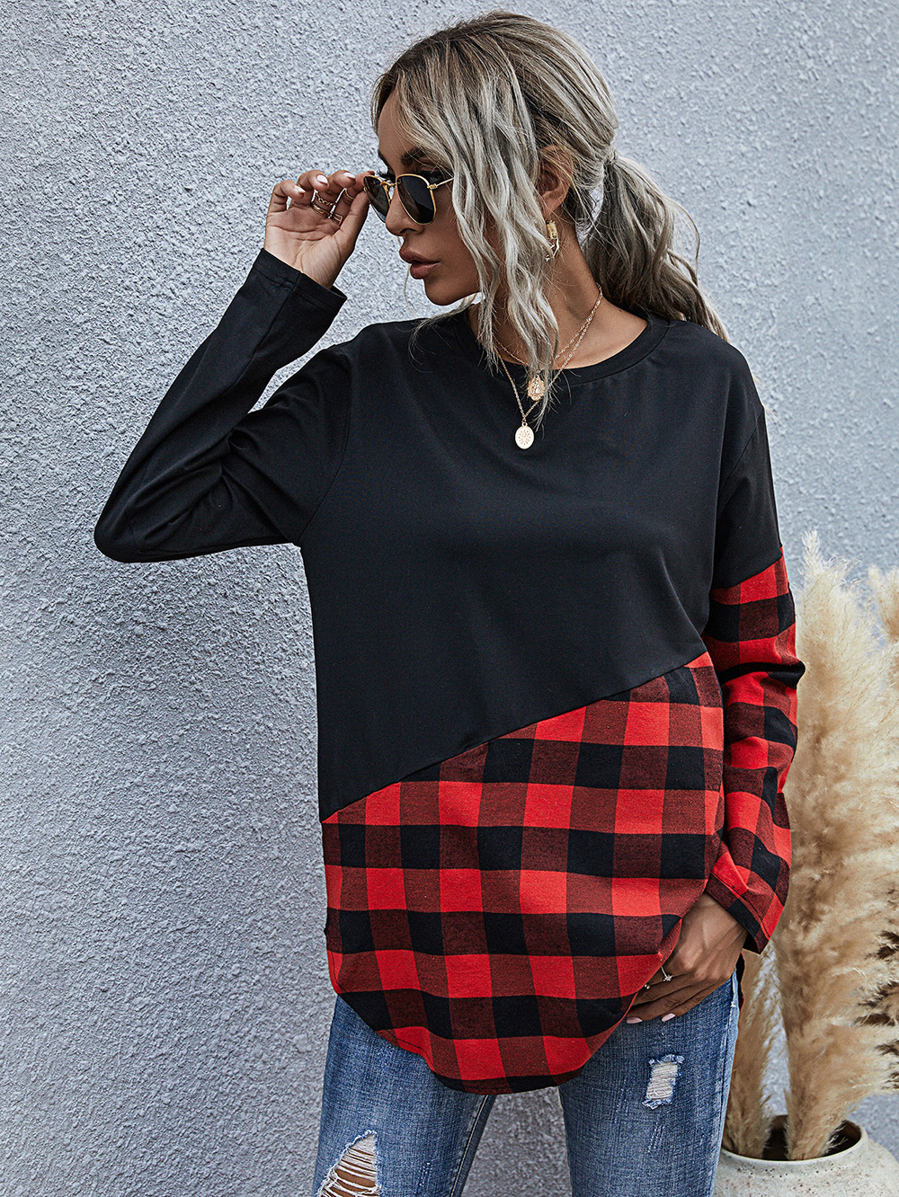 women s plaid casual round neck long-sleeved T-shirt NSDF1591