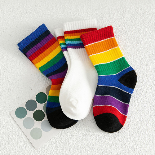 3 pairs Children's stage performance rainbow striped socks  tube socks Trendy stockings for boys and girls Student baby cotton socks