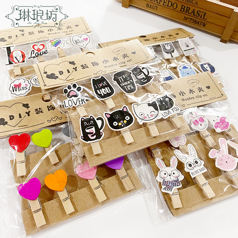 Decorativo de dibujos animados pequeño clip de madera floral flor Mensaje de embalaje pequeño clip de madera foto colgante de pared clip de color creativo
