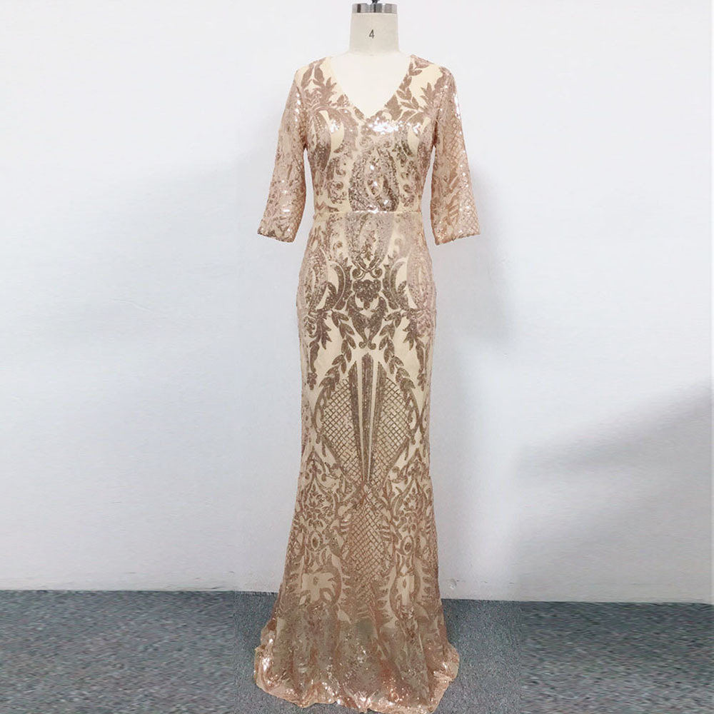 Cross border 20 new pattern Rose Gold Sequins Sleeve banquet have more cash than can be accounted for party Party fish tail Large Evening dress