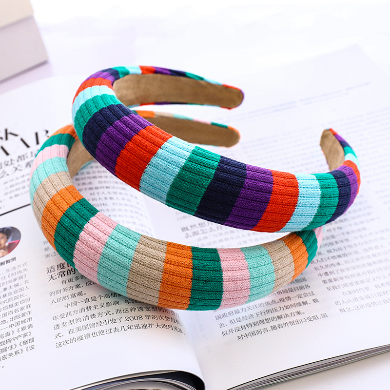 Korean Striped Rainbow-colored Wool Knitted Sponge Headband display picture 11