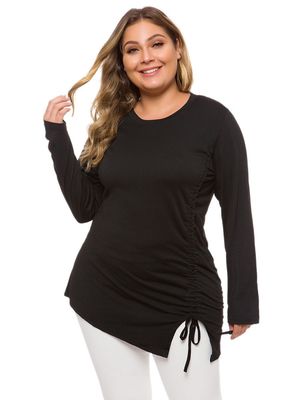 欧美大码女装抽绳系带圆领T恤长袖