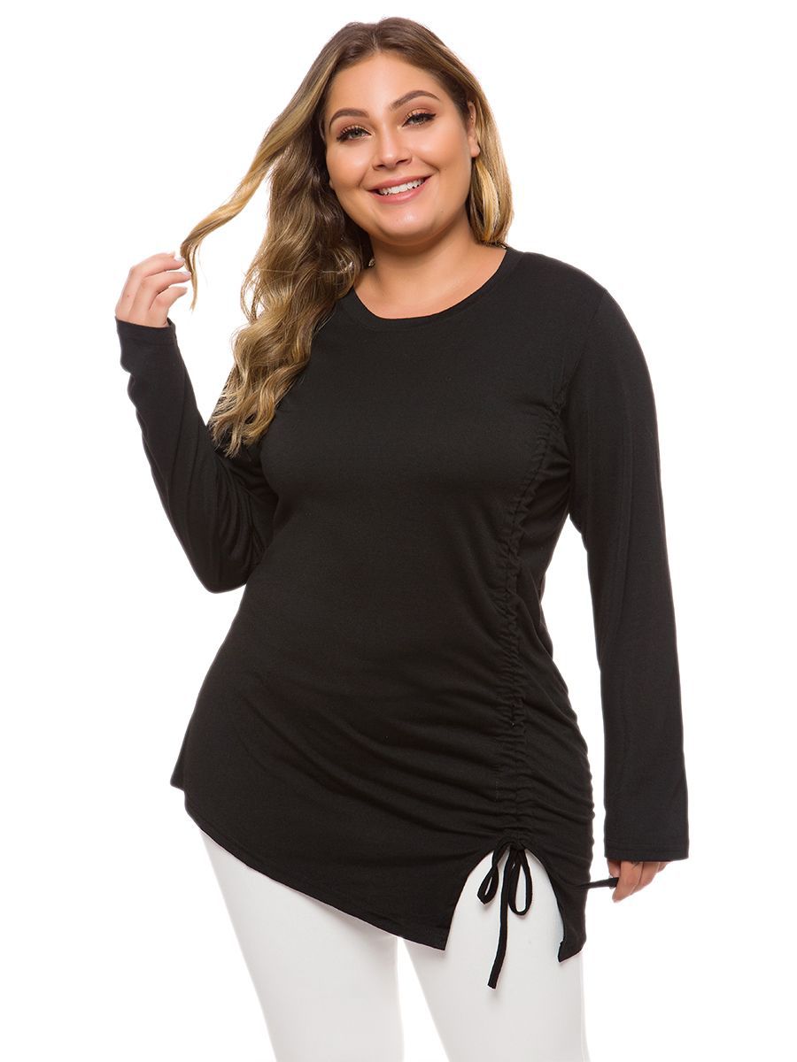 欧美大码女装抽绳系带圆领T恤长袖