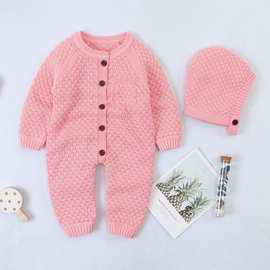 ins秋季新款婴儿连体衣前开扣针织连体衣保暖帽新生儿棉线爬服