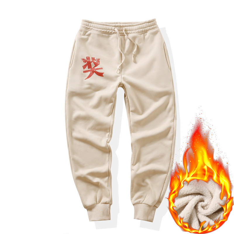 80 s Guochao Guomian Factory Autumn and Winter Casual Pants Retro Printed Leg Pants fleece-lined Thickened Sports Pants for Men and Women