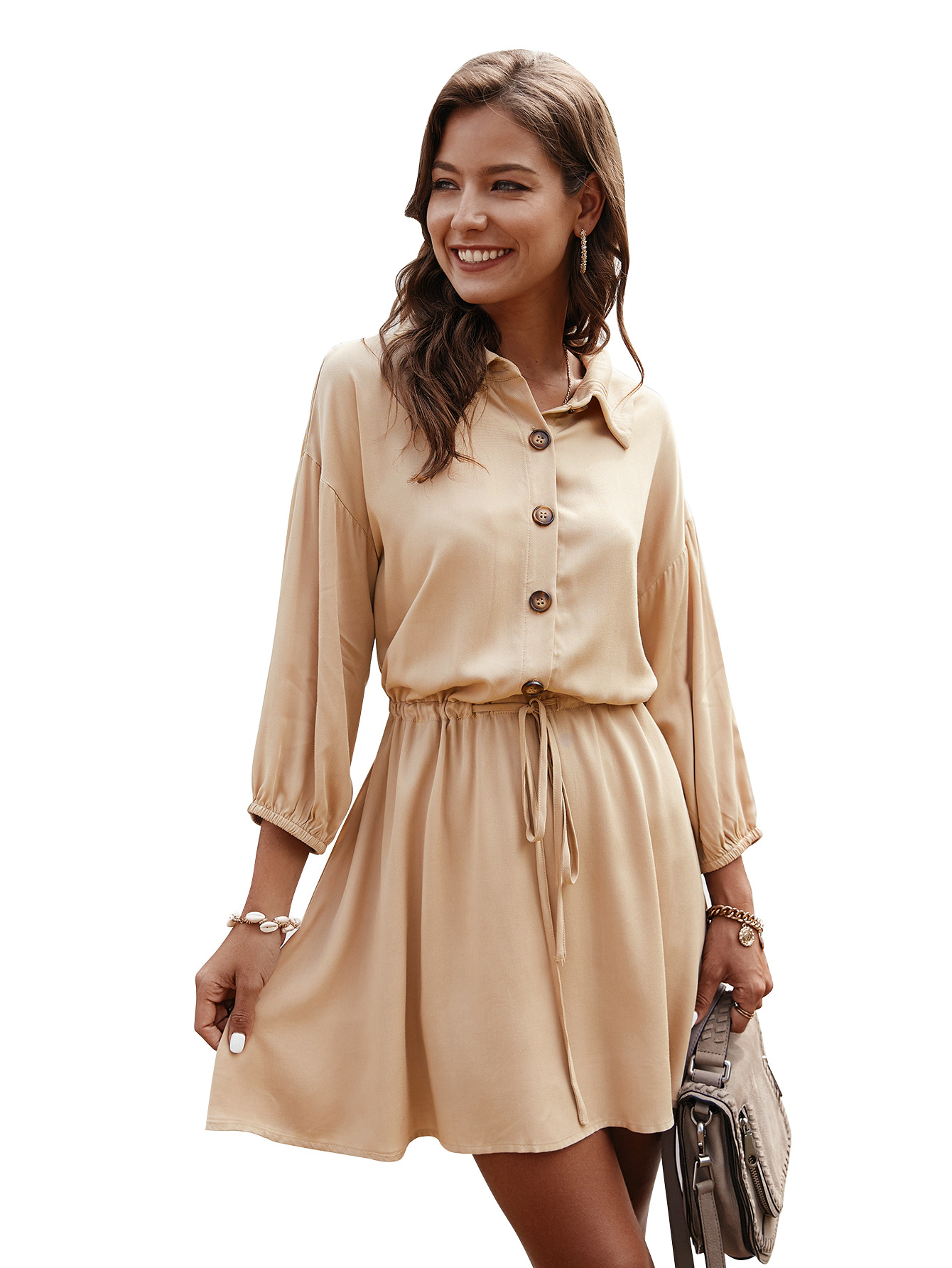 pure color lapel long-sleeved buttoned dress nihaostyles wholesale clothing NSDY85993