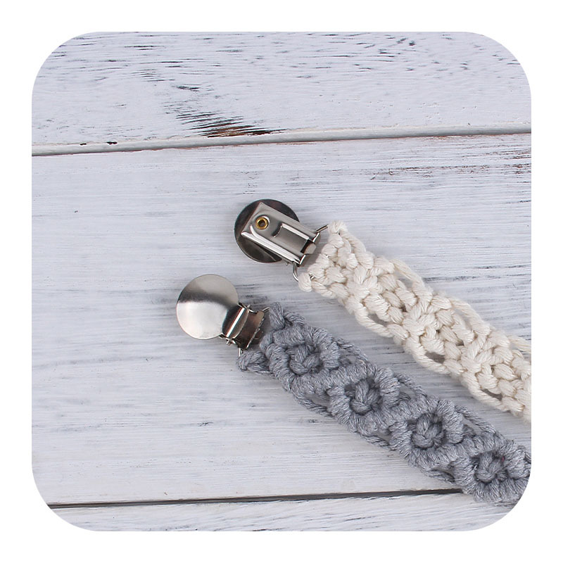 Bebé suministros popular plana pezón clip pezón cuerda DIY bebé creativo hecho a mano tejido de algodón cuerda pezón cadena