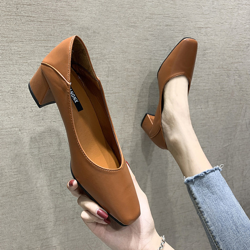  Spring New Two-Wear Single Shoes Women's Shoes Medium Heels Thick Heels High Heels Square Toe Granny Shoes Shallow Mouth Work Shoes