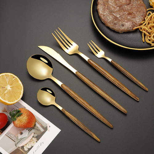 Cross-border Portuguese stainless steel steak knife, fork and spoon tableware set Western steak imitation wood grain handle hotel spoon