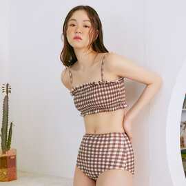 韩国时尚新款分体小胸钢托聚拢咖啡格温泉度假泳衣女