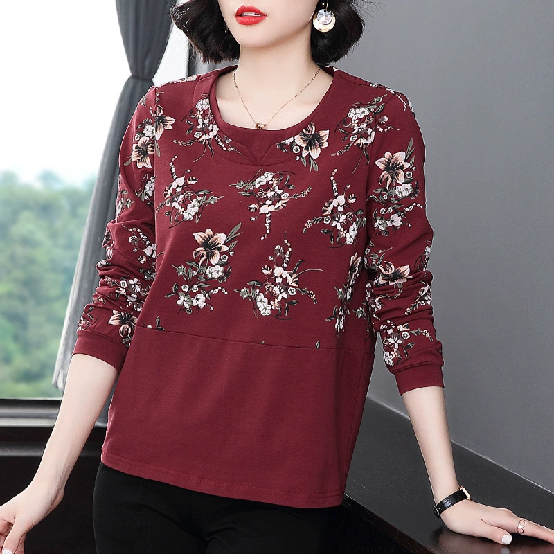 Свободная футболка с длинными рукавами больших размеров, Женская Весенняя 2023, новая Базовая рубашка с принтом стилиста, хлопковый топ для матери среднего возраста